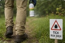 Person walking through grass near a tick risk sign