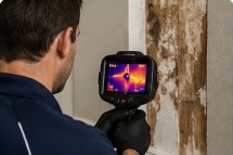Technician using thermal imaging on a timber wall