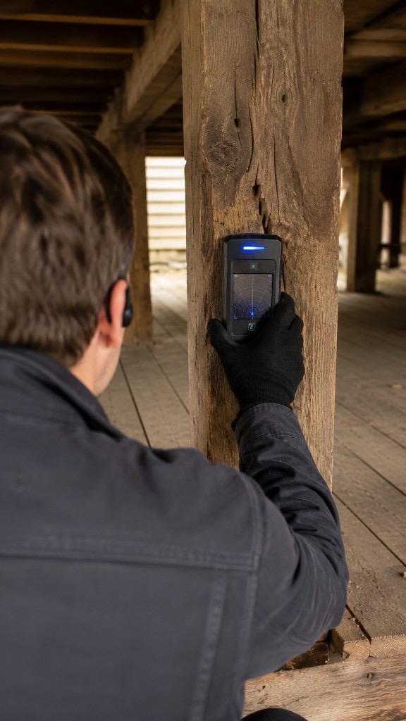 Technician scanning a timber post under a house with a termite detection device