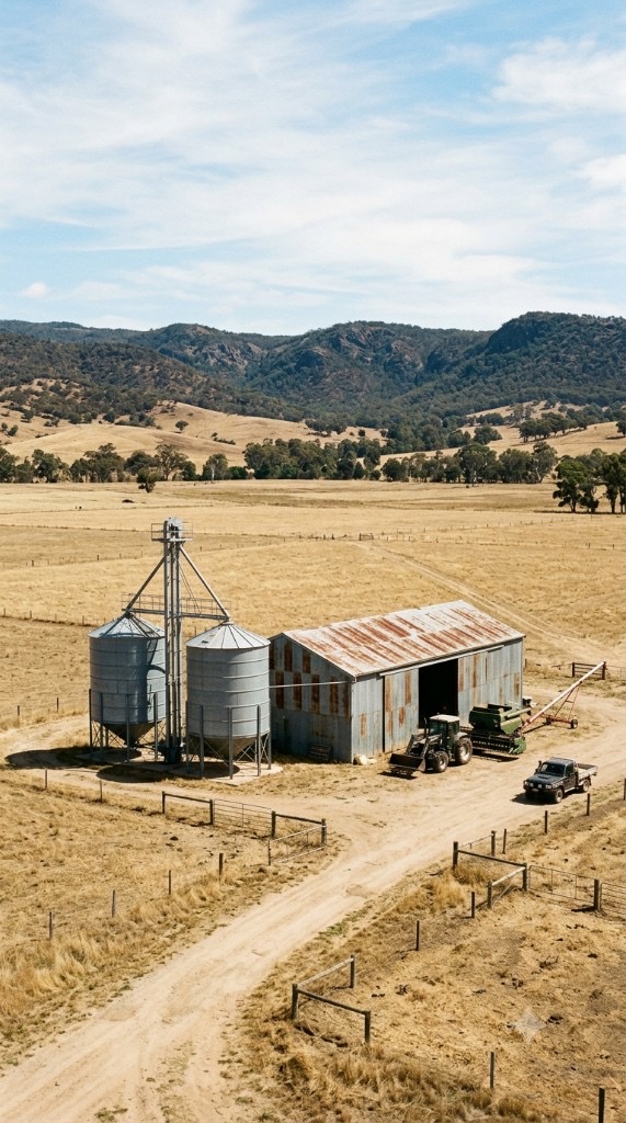 Rural farm sheds and silos used for stock feed and grain storage