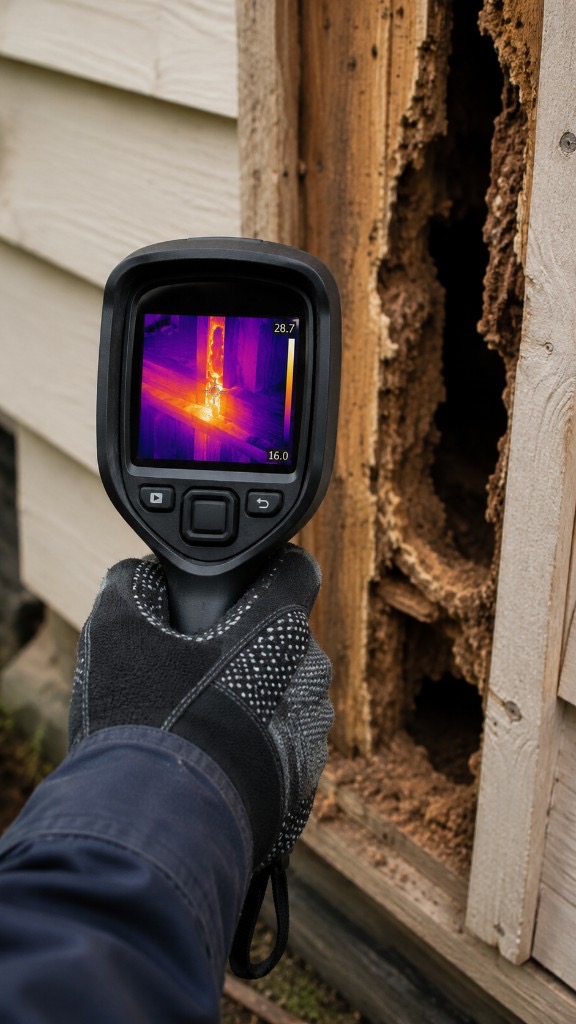 Thermal imaging camera showing termite activity in damaged timber