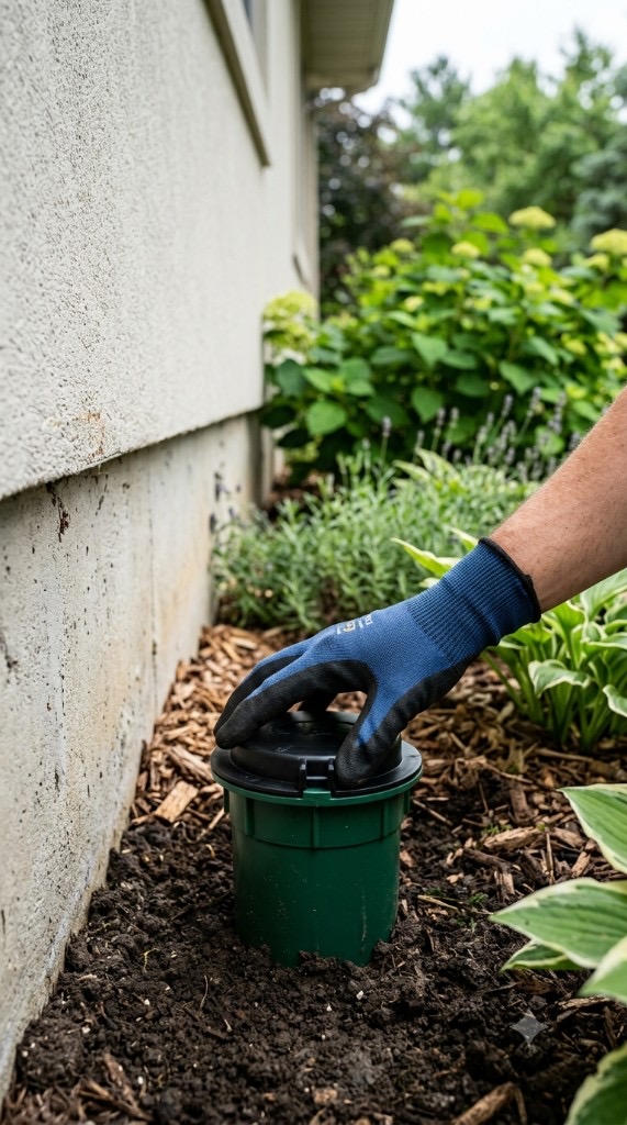 Gloved hand installing a termite bait station beside a home foundation