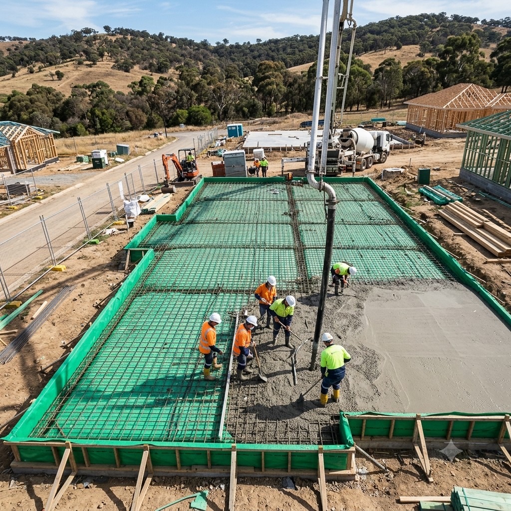 Workers pouring a new home foundation with termite barrier in place